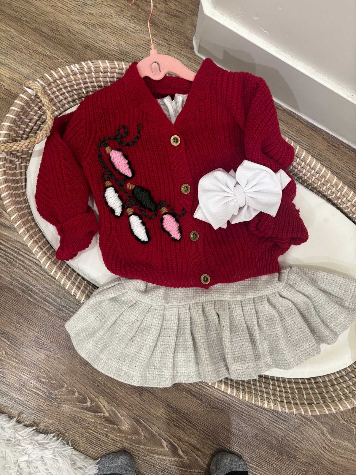 Merry & Bright Christmas Lights Hand Embroidered Red Cardigan