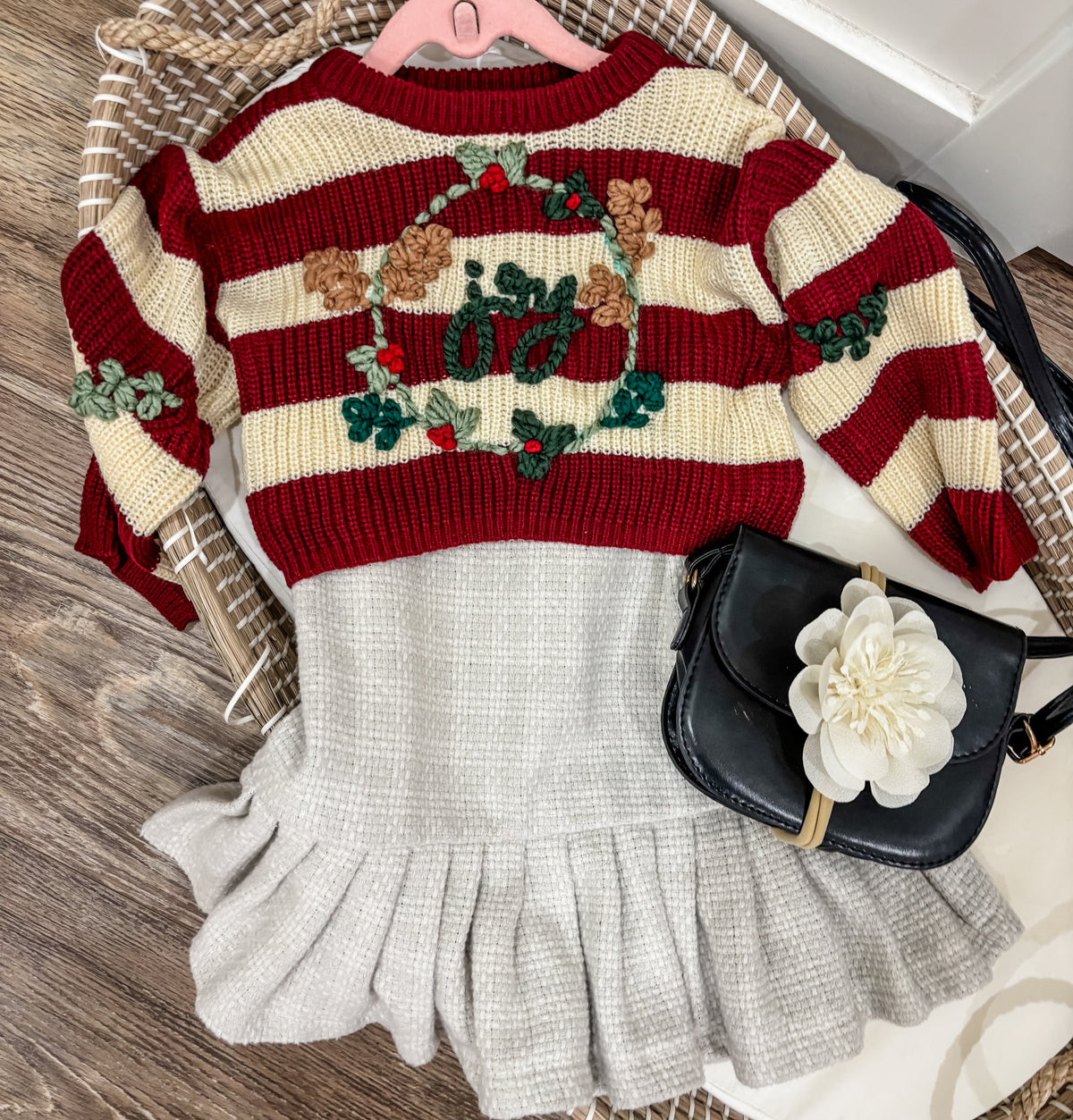 Vintage Christmas Joy Wreath Striped Knit Sweater CROPPED FIT