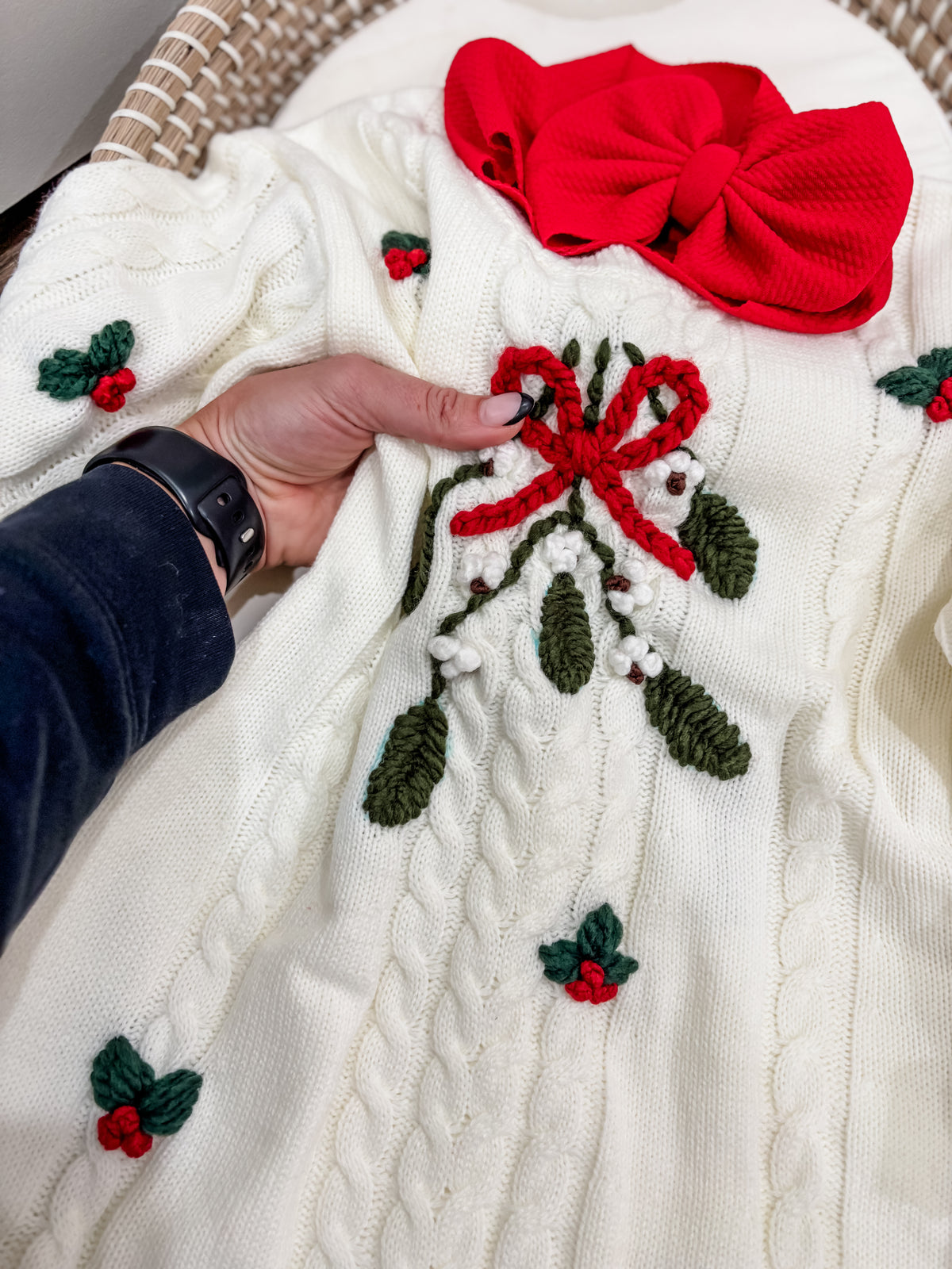 Christmas Mistletoe Hand Embroidered Knit Sweater Dress