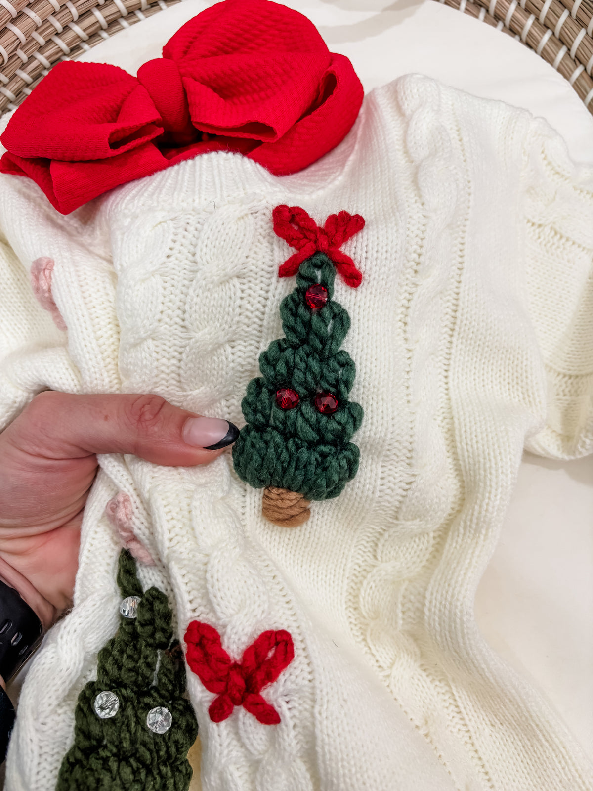 Pink Bow Christmas Tree Hand Embroidered Knit Dress