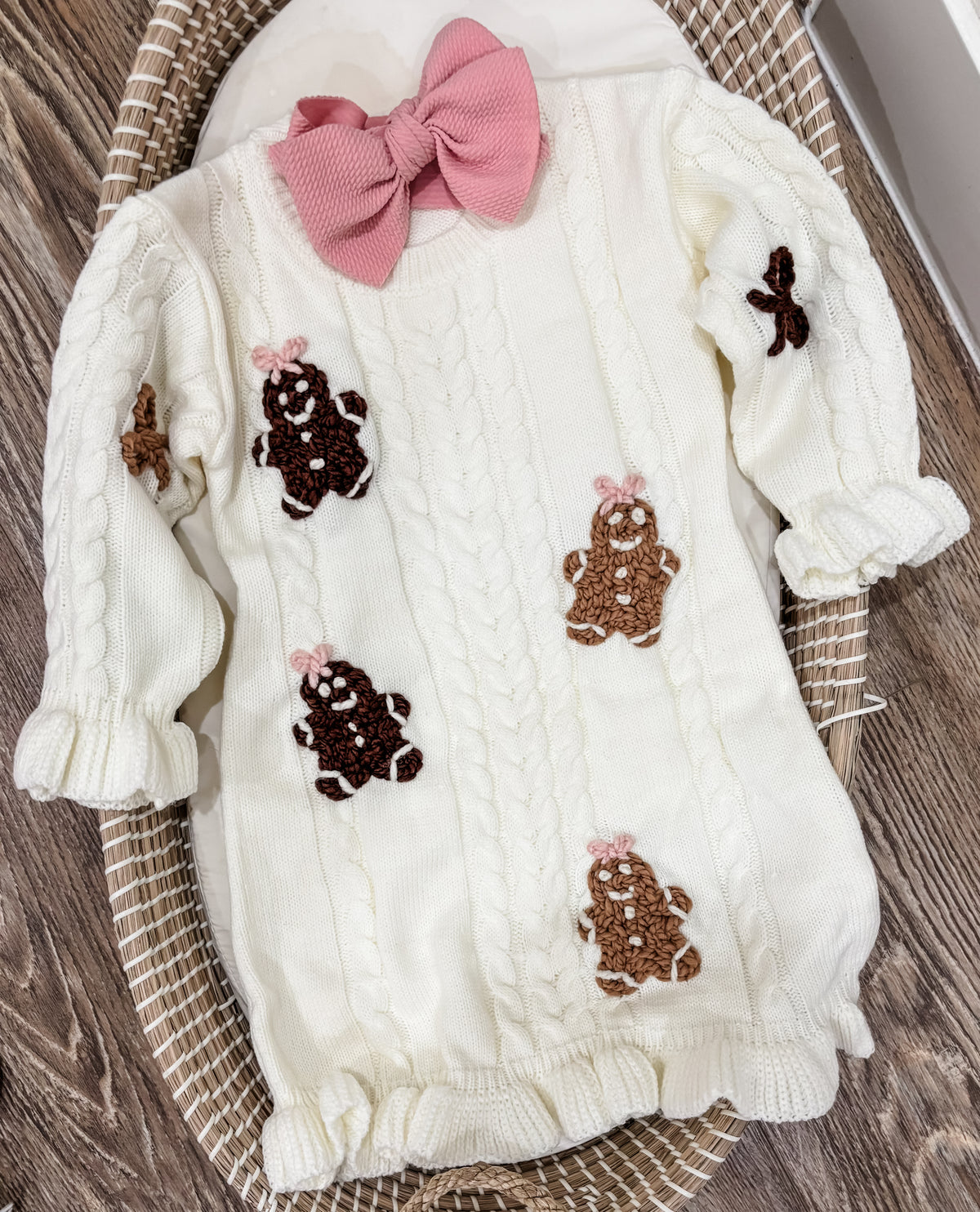 Gingerbread Girl Hand Embroidered Cable Knit Dress