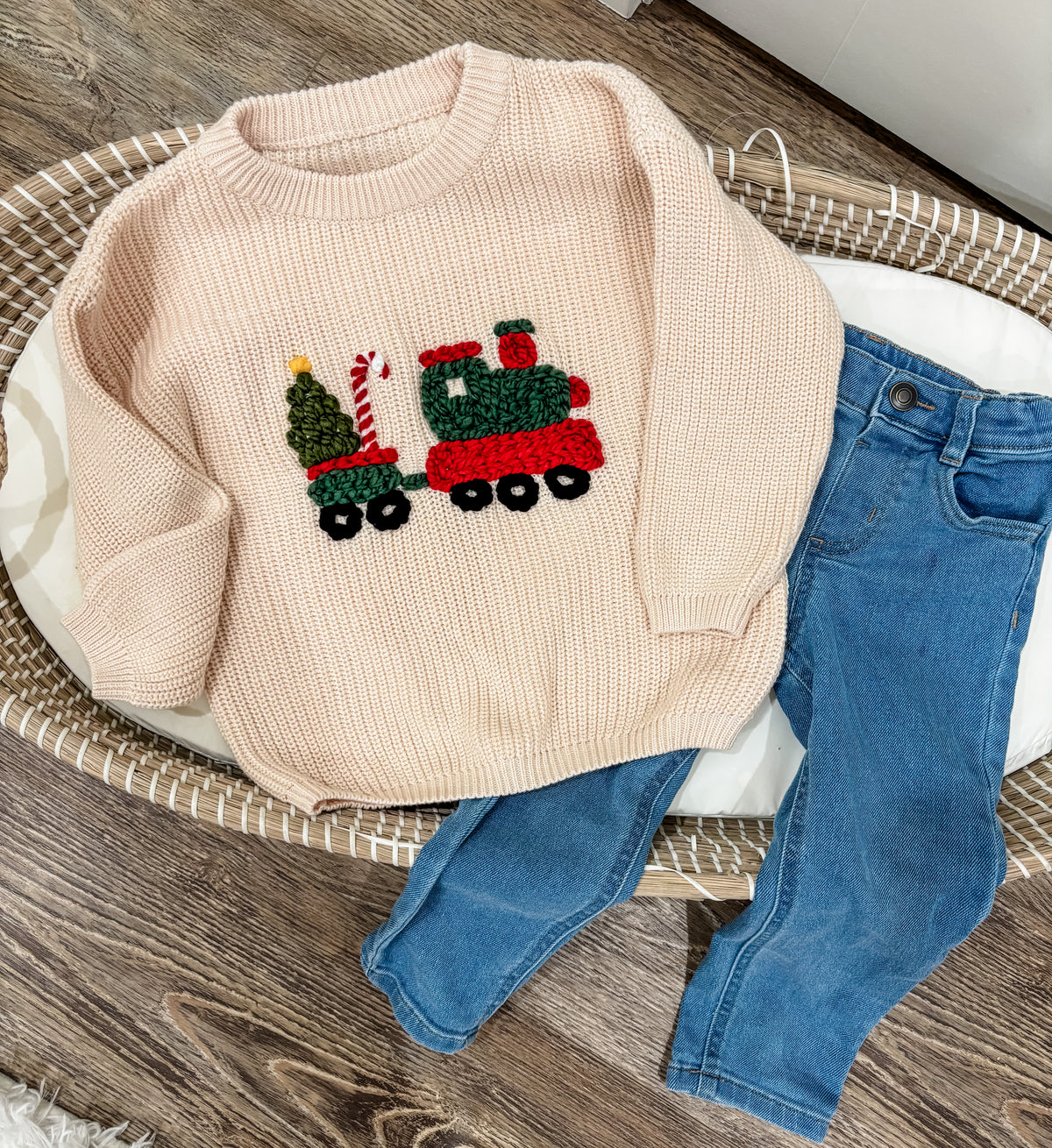 Christmas Train Hand Embroidered Knit Sweater