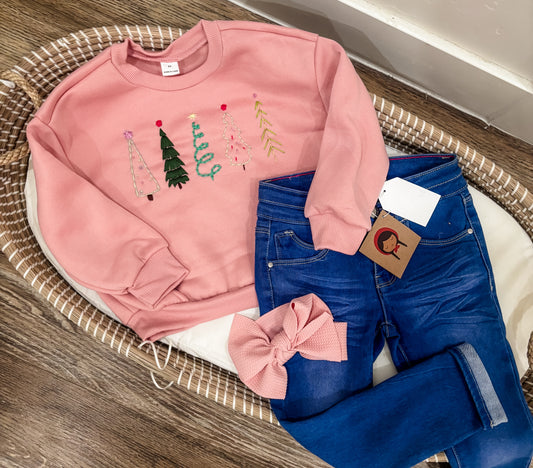 Whimsical Christmas Trees Hand Embroidered Pink Sweatshirt
