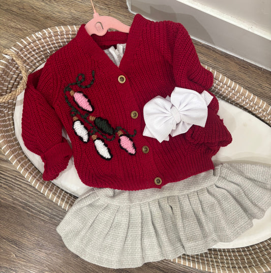 Merry & Bright Christmas Lights Hand Embroidered Red Cardigan