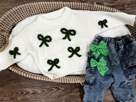 Hand Embroidered Green Bow Sweater | White Knit Pullover | Cottagecore Holiday Sweater | Coquette Aesthetic | Handmade Gift