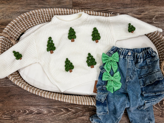Hand Embroidered Evergreen Sweater | White Knit Pullover with Green Trees | Cozy Winter Forest Aesthetic | Handmade Gift