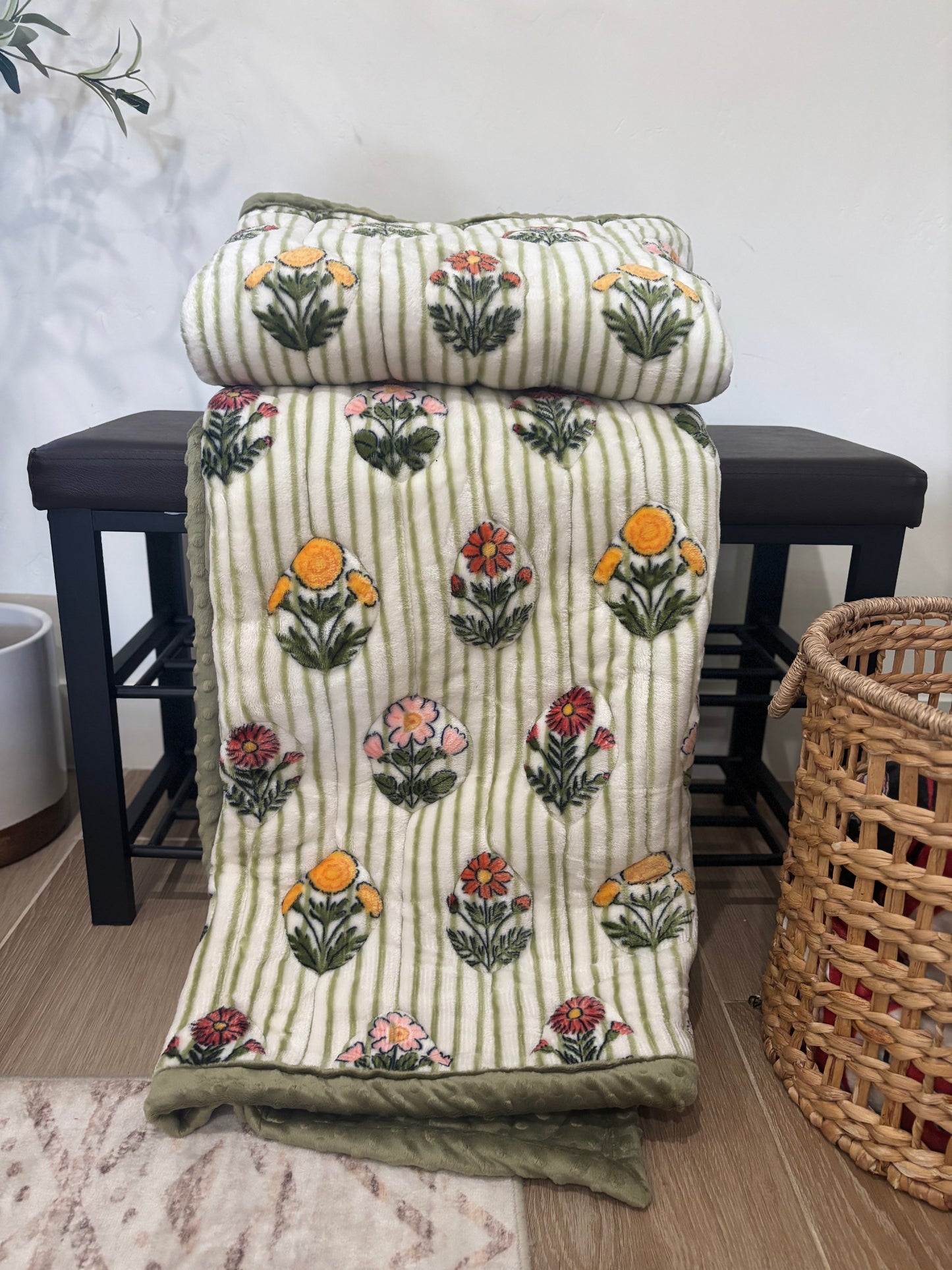 🌸🌿 Floral & Stripes Minky Blanket 💚