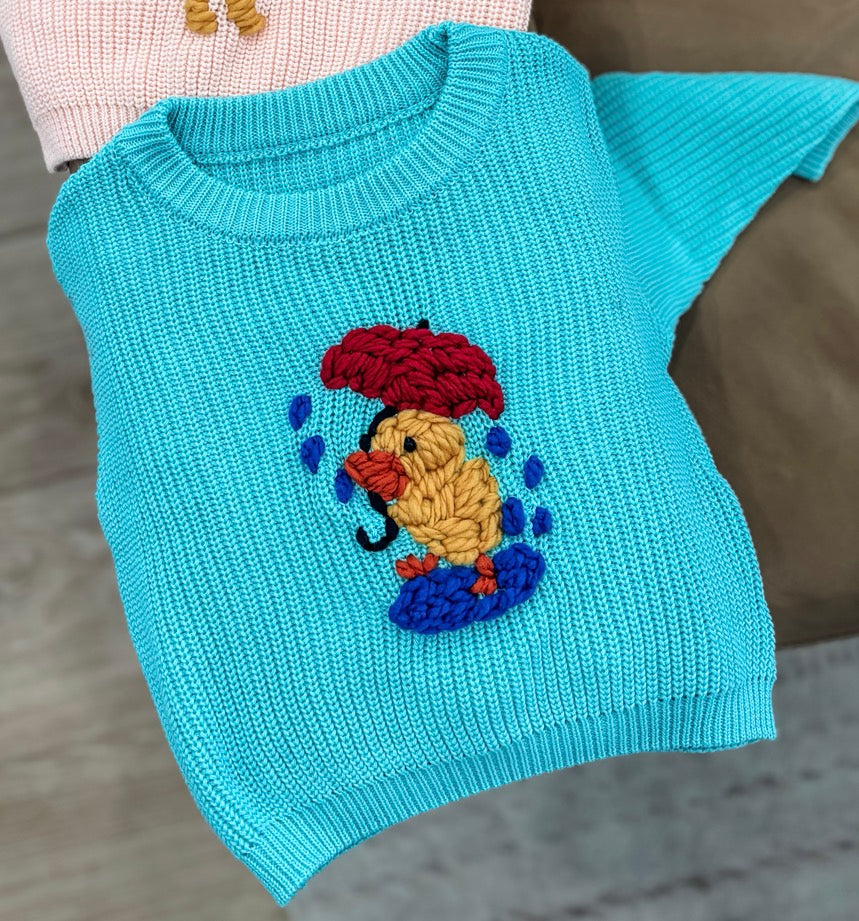 COLLAB Turquoise Blue Hand-Embroidered Chick Sweater