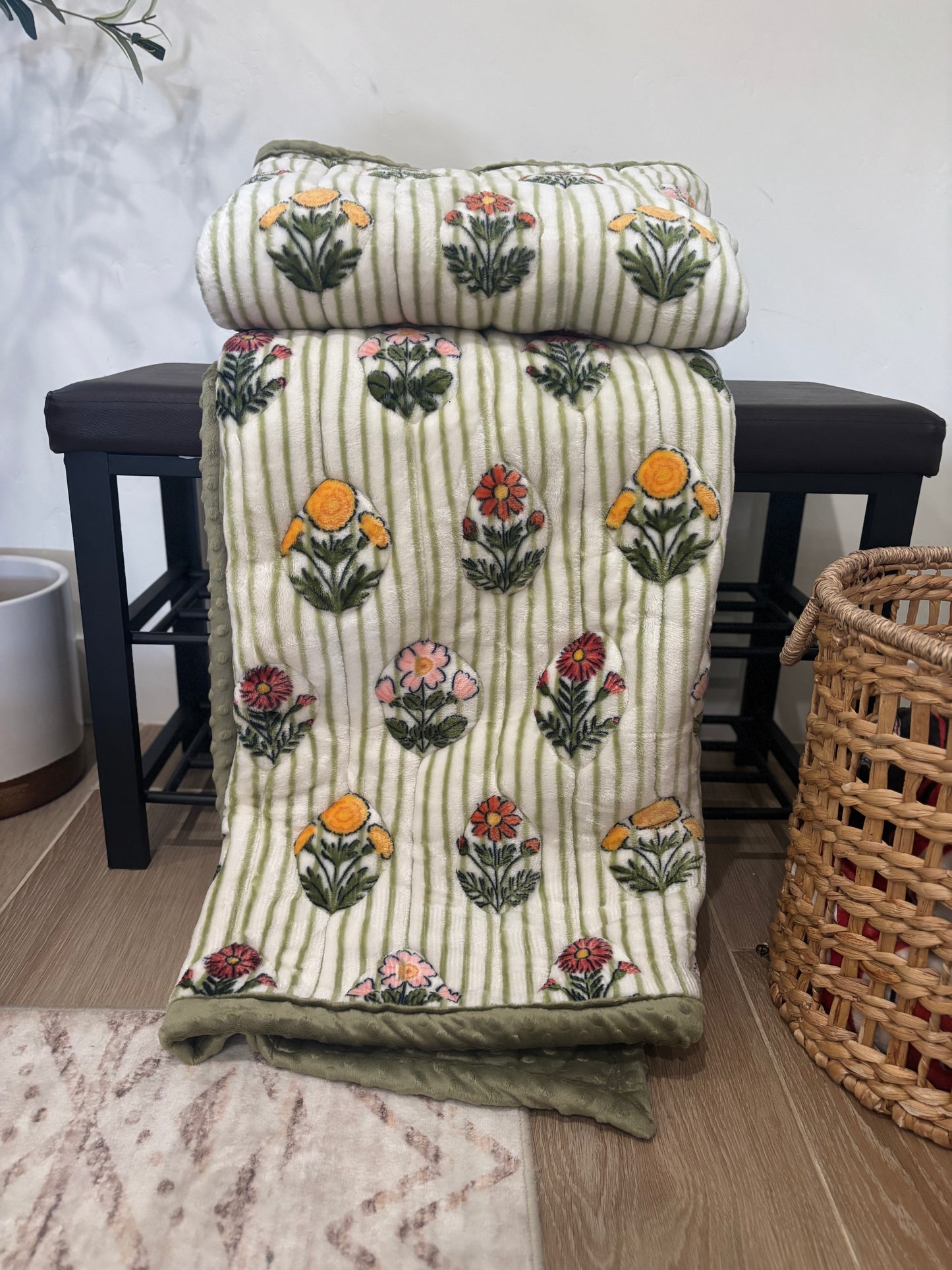 🌸🌿 Floral & Stripes Minky Blanket 💚