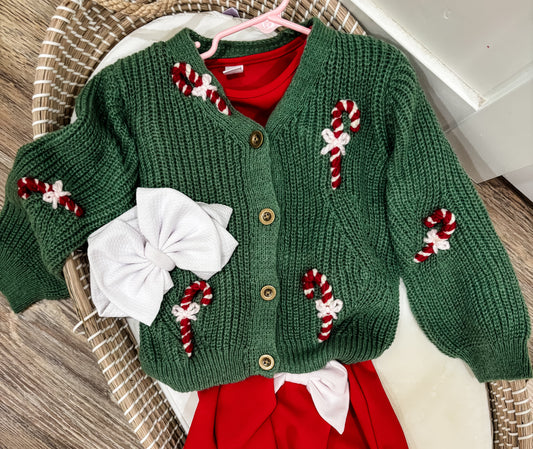 Candy Cane Cutie Hand Embroidered Green Christmas Cardigan