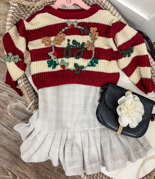 Vintage Christmas Joy Wreath Striped Knit Sweater CROPPED FIT