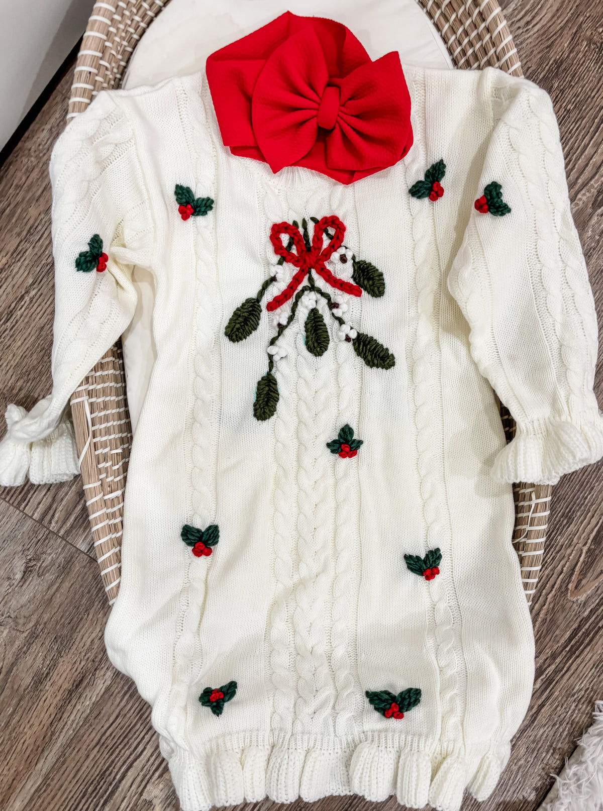 Christmas Mistletoe Hand Embroidered Knit Sweater Dress