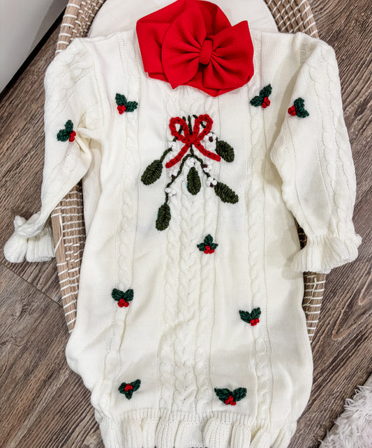 Christmas Mistletoe Hand Embroidered Knit Sweater Dress