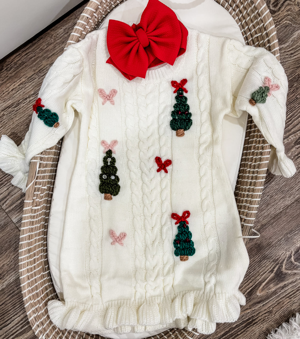 Pink Bow Christmas Tree Hand Embroidered Knit Dress
