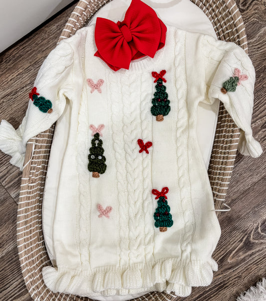 Pink Bow Christmas Tree Hand Embroidered Knit Dress