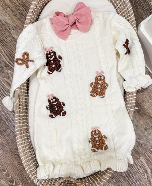 Gingerbread Girl Hand Embroidered Cable Knit Dress