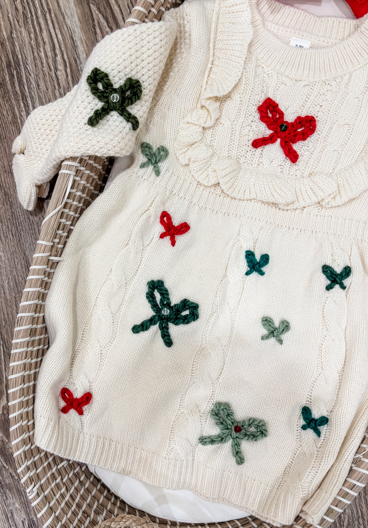 Christmas Bow Hand Embroidered Ivory Knit Sweater Dress