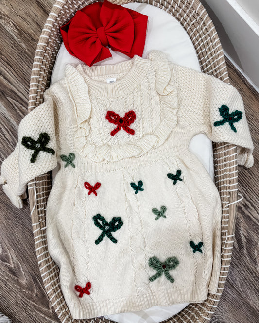 Christmas Bow Hand Embroidered Ivory Knit Sweater Dress