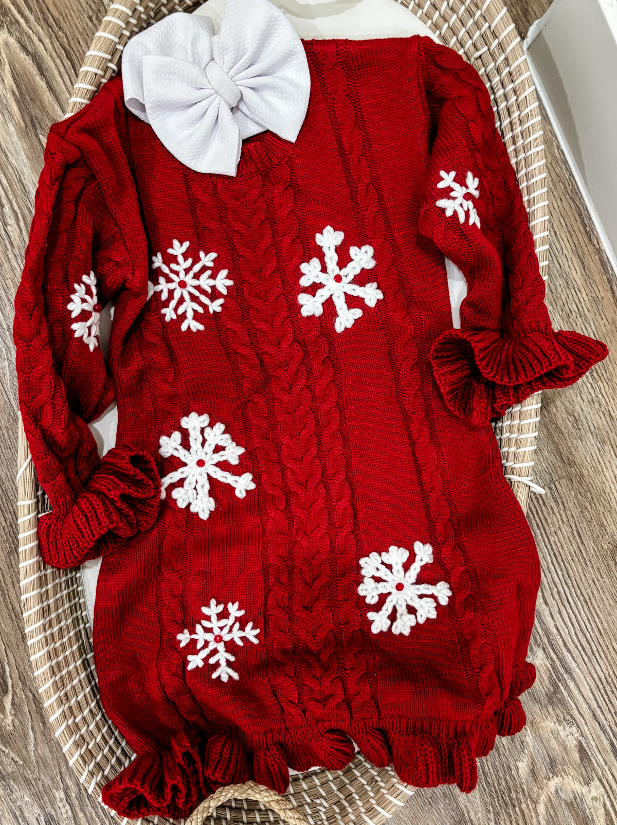 Christmas Snowflake Hand Embroidered Red Knit dress