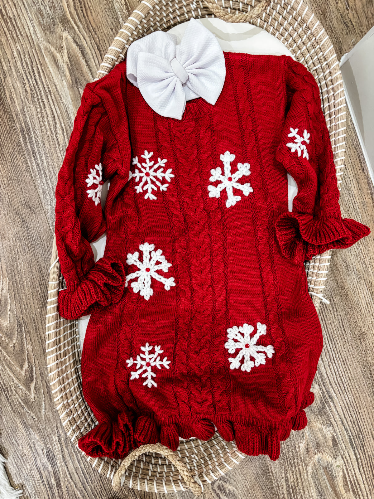 Christmas Snowflake Hand Embroidered Red Knit dress