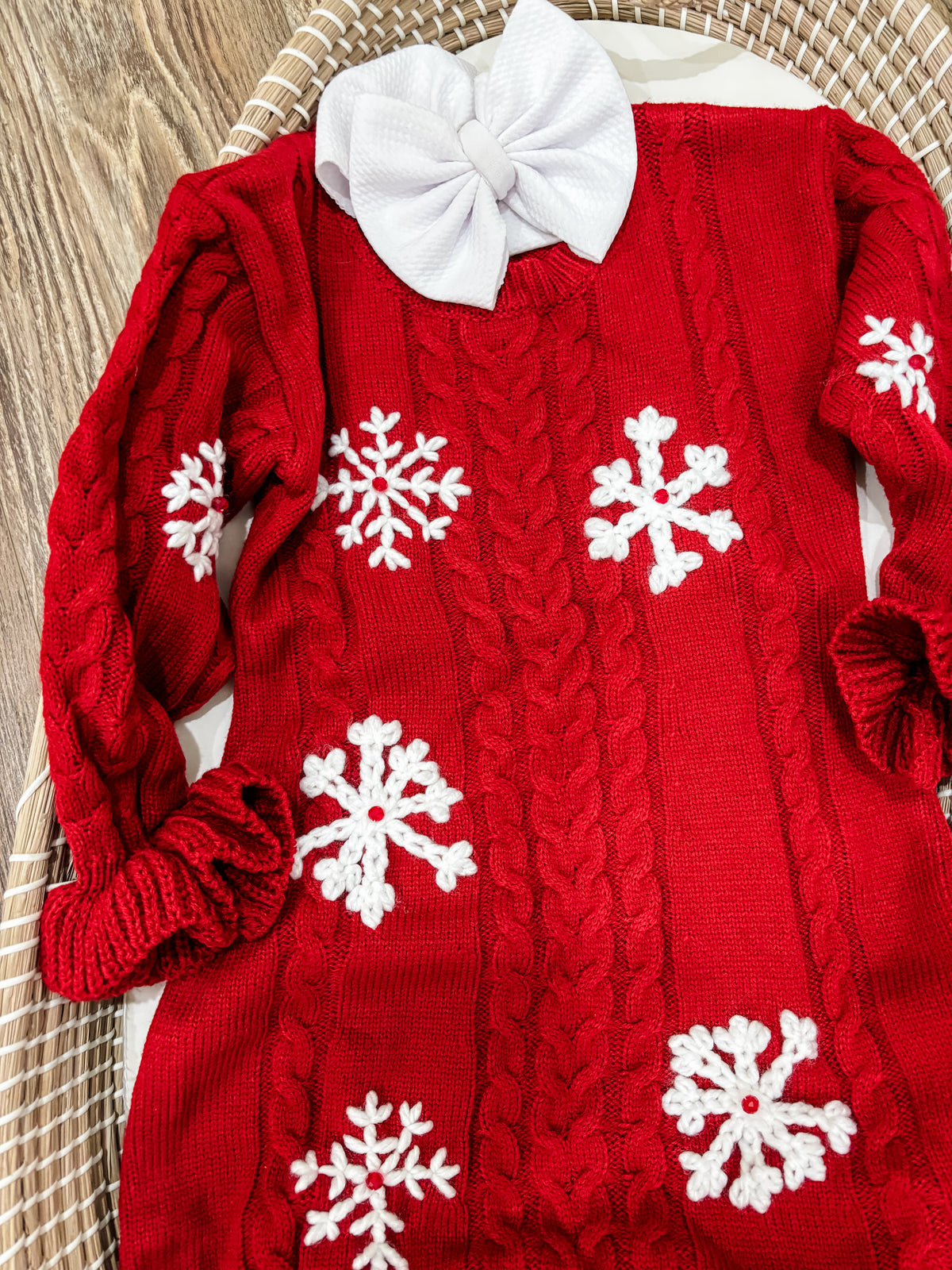 Christmas Snowflake Hand Embroidered Red Knit dress