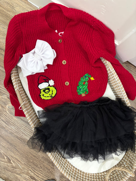 Merry Grinchmas Christmas Embroidered Red Cardigan