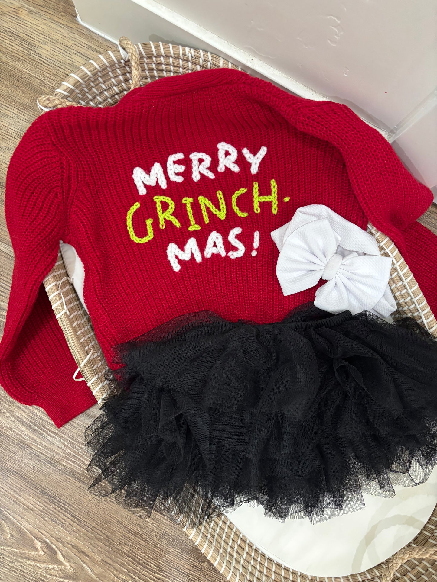 Merry Grinchmas Christmas Embroidered Red Cardigan