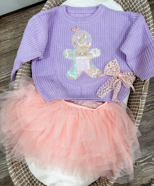 Pastel Patchwork Gingerbread Girl Lavender Knit Sweater
