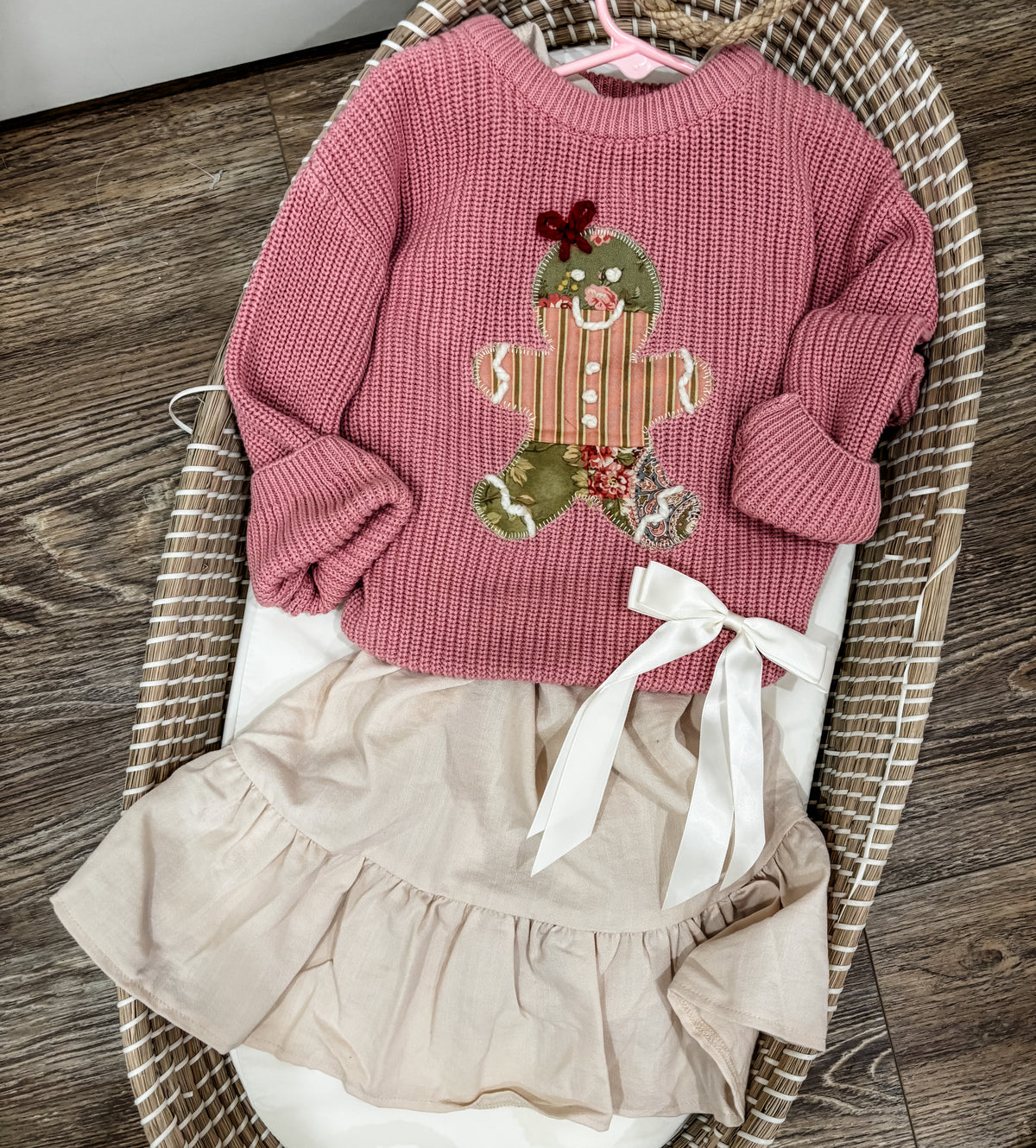 Vintage Floral Gingerbread Girl Pink Knit Sweater