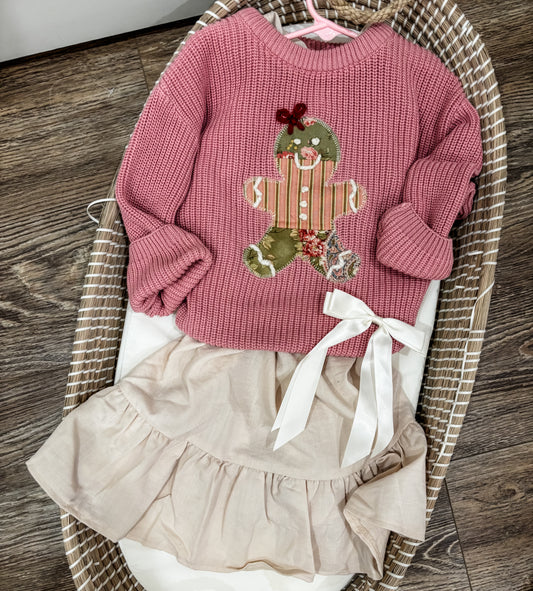 Vintage Floral Gingerbread Girl Pink Knit Sweater