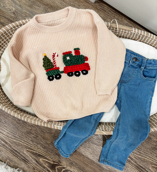 Christmas Train Hand Embroidered Knit Sweater