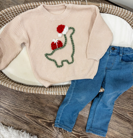 COLLAB DISCOUNT Christmas Dinosaur Hand Embroidered Knit Sweater