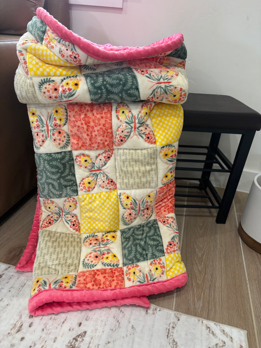 Vintage Floral Butterfly | Handmade Minky-Backed Quilt