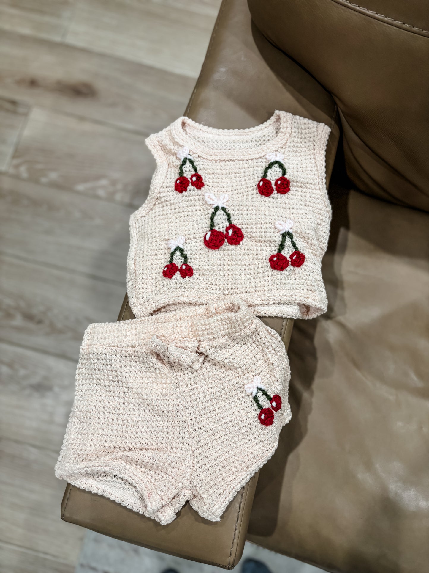 🍒 Beige Waffle Knit Cherry Short & Tank Set COLLABORATION