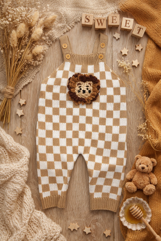 Hand Embroidered Lion Checkered Knit Overalls 🦁